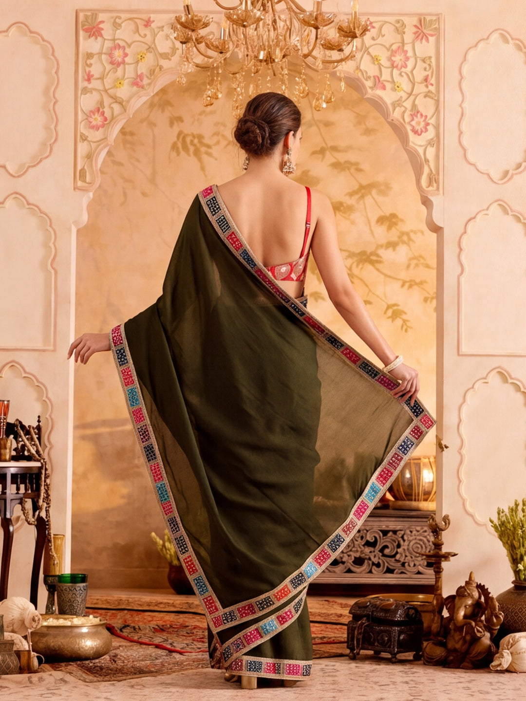 Designer Silk Saree With Fancy Bandhej Print Lace Border With Unstitched Blouse Piece