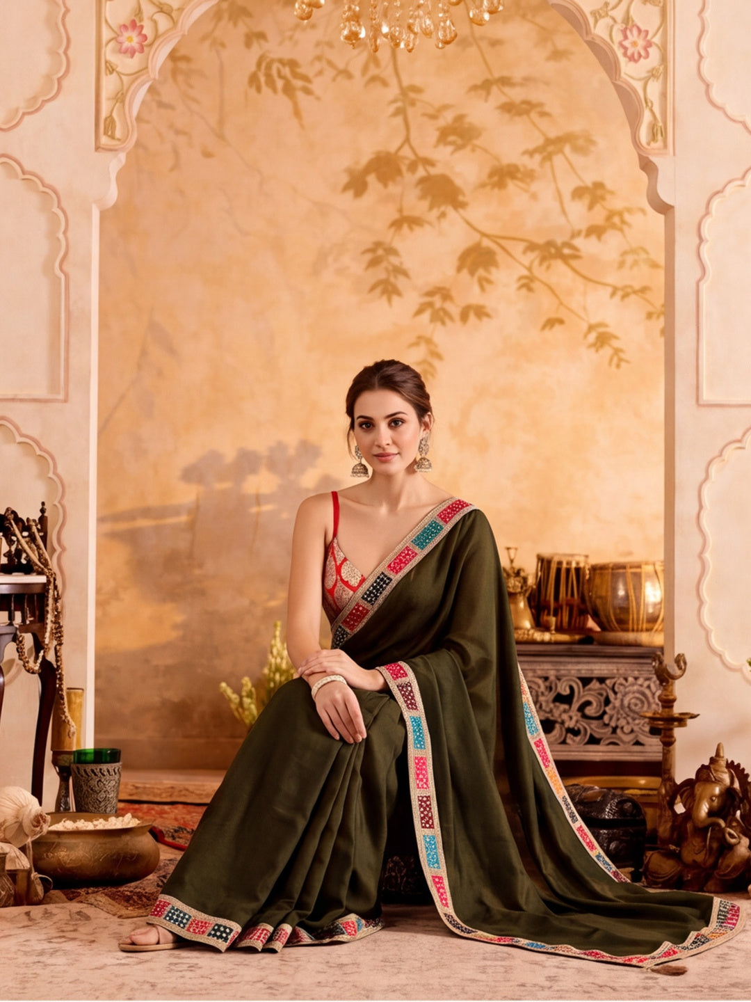 Designer Silk Saree With Fancy Bandhej Print Lace Border With Unstitched Blouse Piece