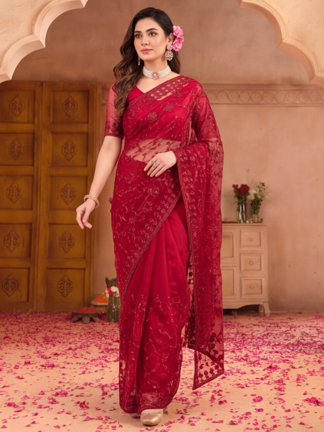 Maroon Embroidered Sheer Saree with Floral Motifs