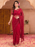 Maroon Embroidered Sheer Saree with Floral Motifs
