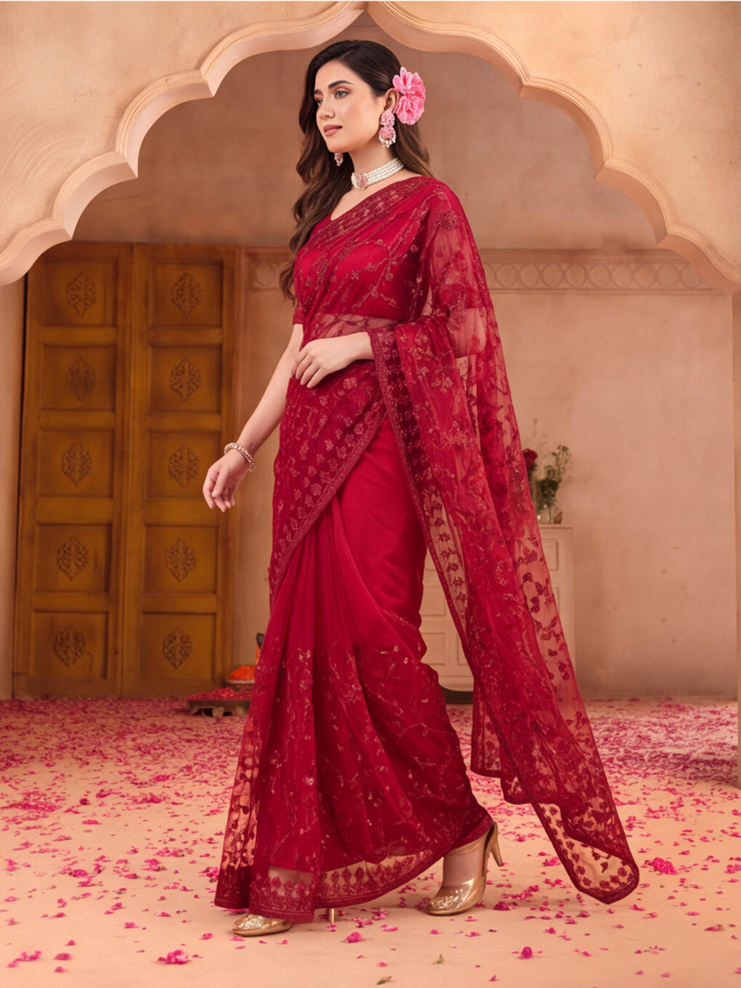 Maroon Embroidered Sheer Saree with Floral Motifs
