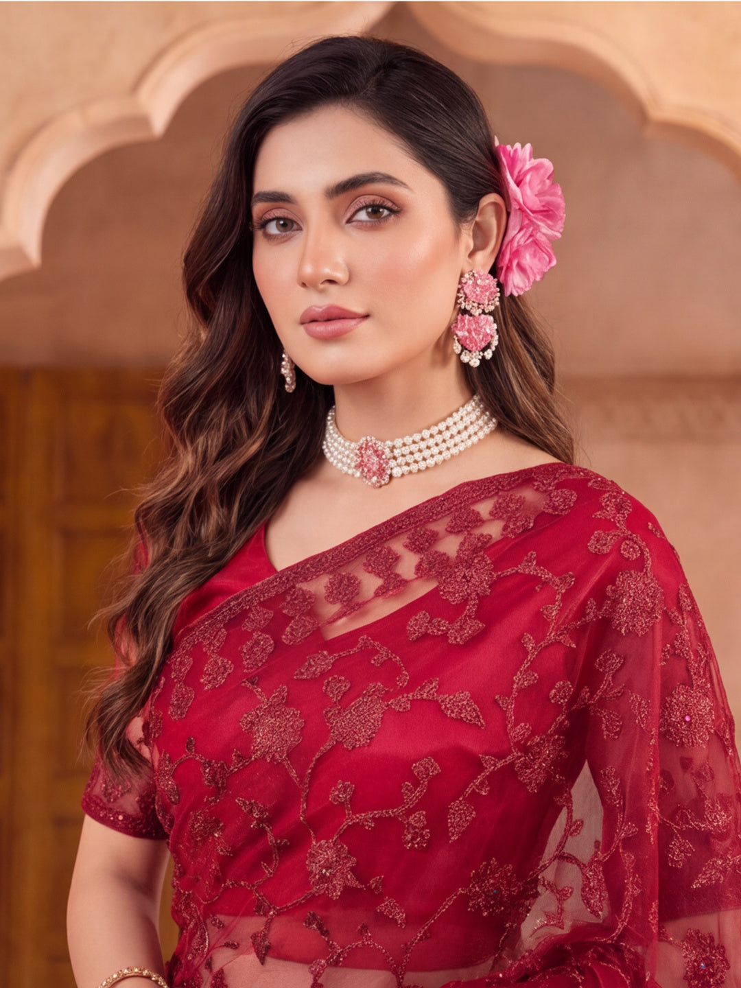 Maroon Embroidered Sheer Saree with Floral Motifs