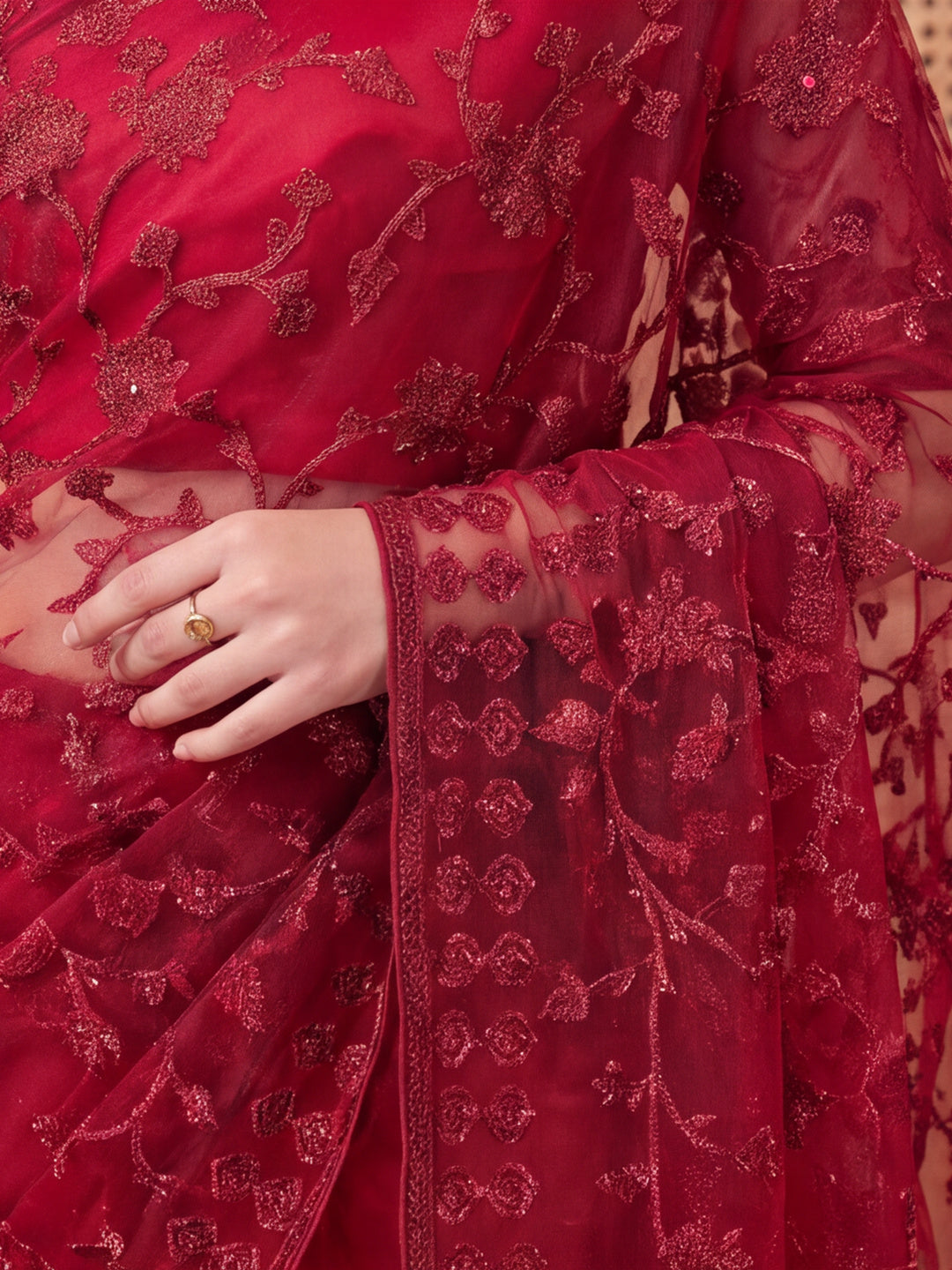 Maroon Embroidered Sheer Saree with Floral Motifs