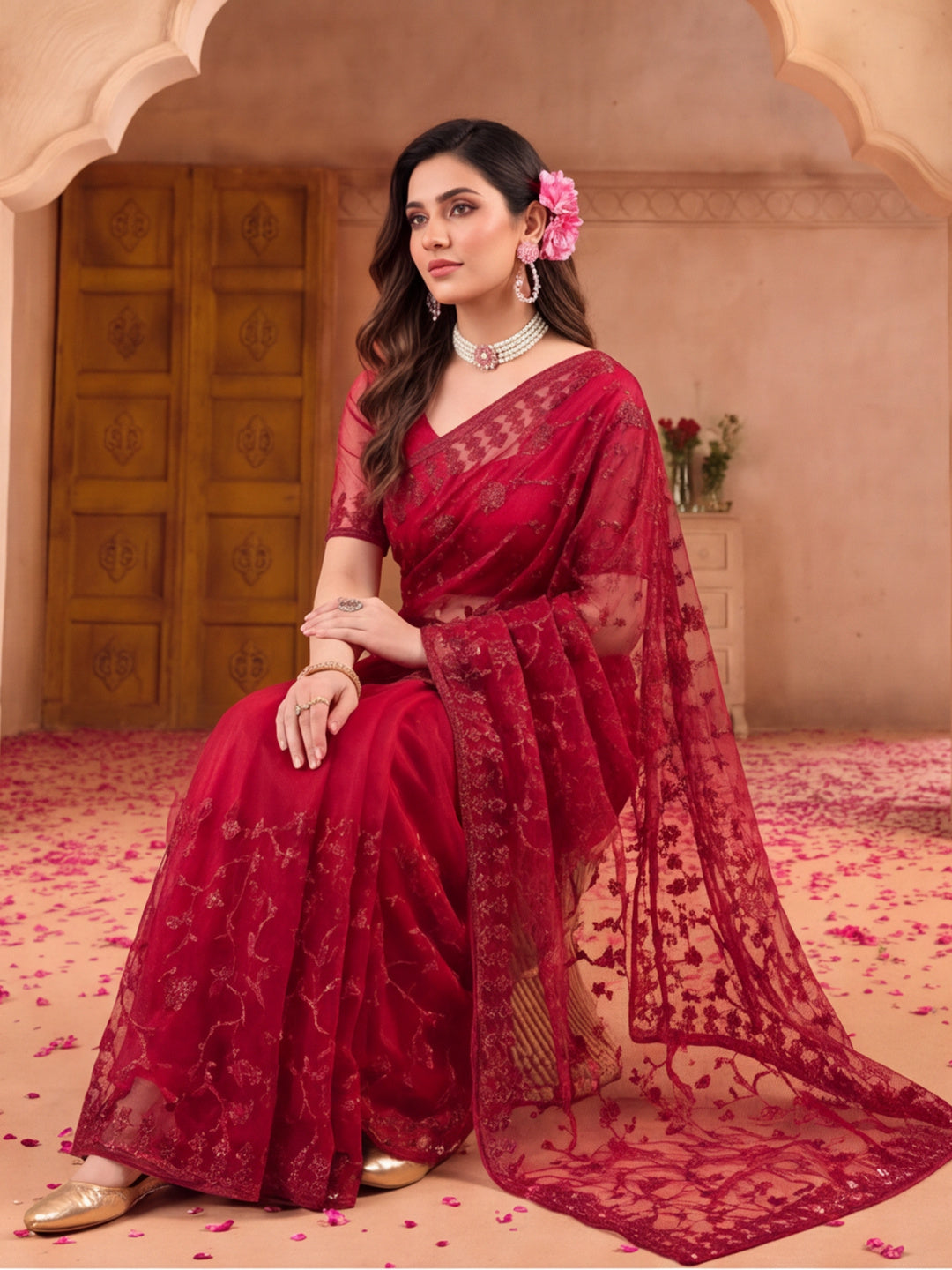 Maroon Embroidered Sheer Saree with Floral Motifs