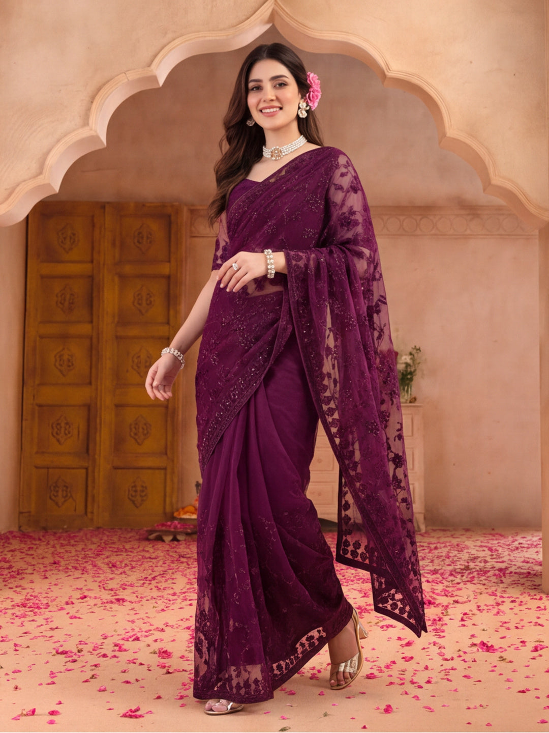 Purple Embroidered Sheer Saree with Floral Motifs