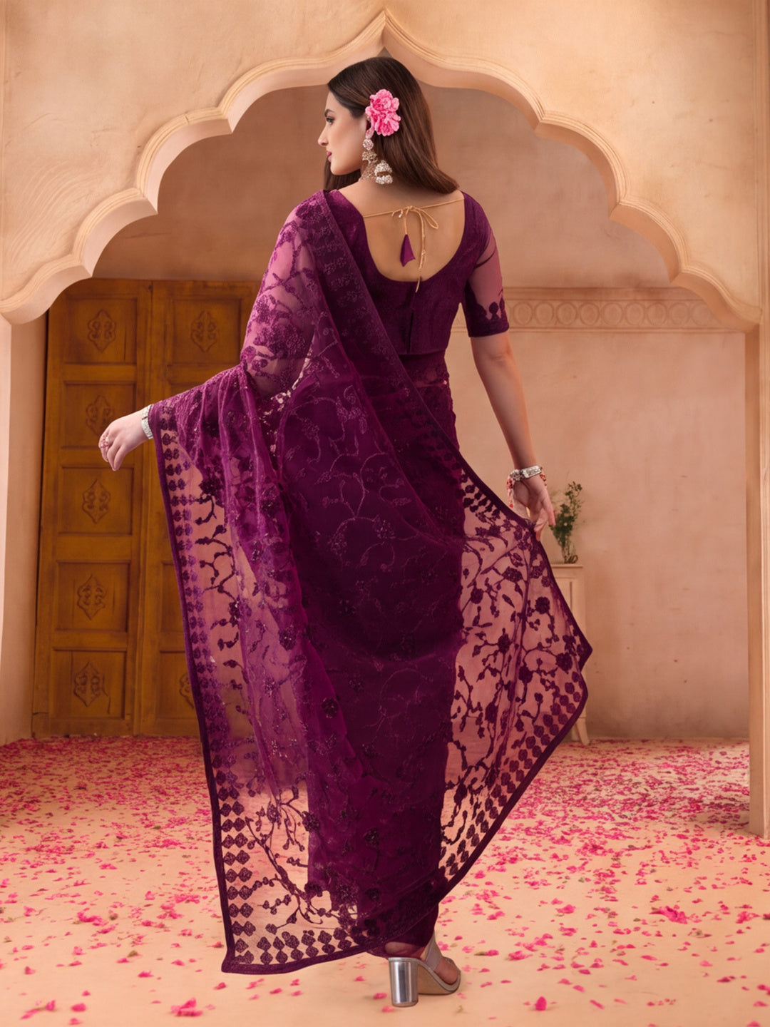 Purple Embroidered Sheer Saree with Floral Motifs
