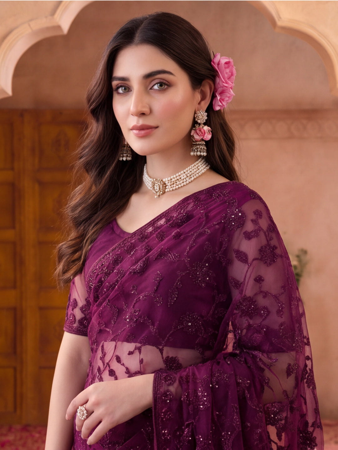 Purple Embroidered Sheer Saree with Floral Motifs