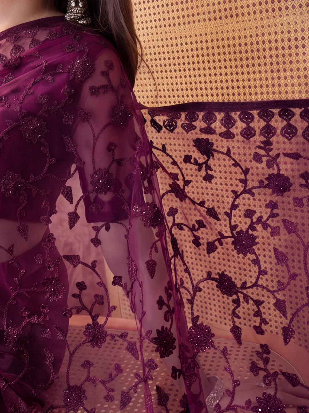 Purple Embroidered Sheer Saree with Floral Motifs