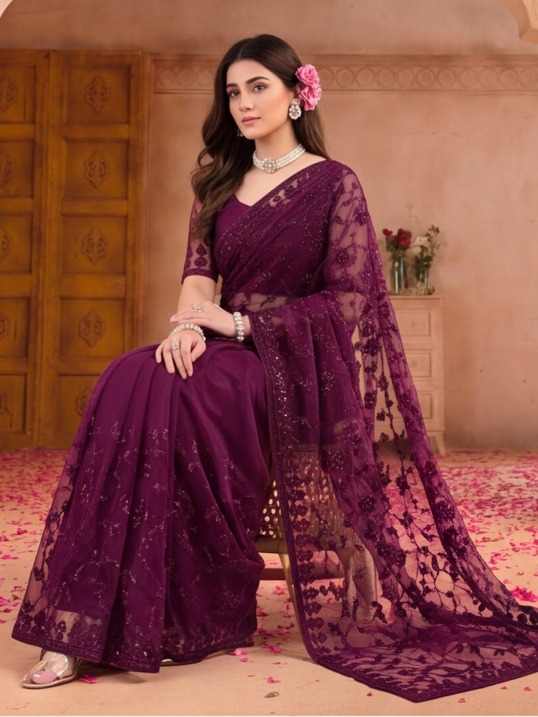Purple Embroidered Sheer Saree with Floral Motifs