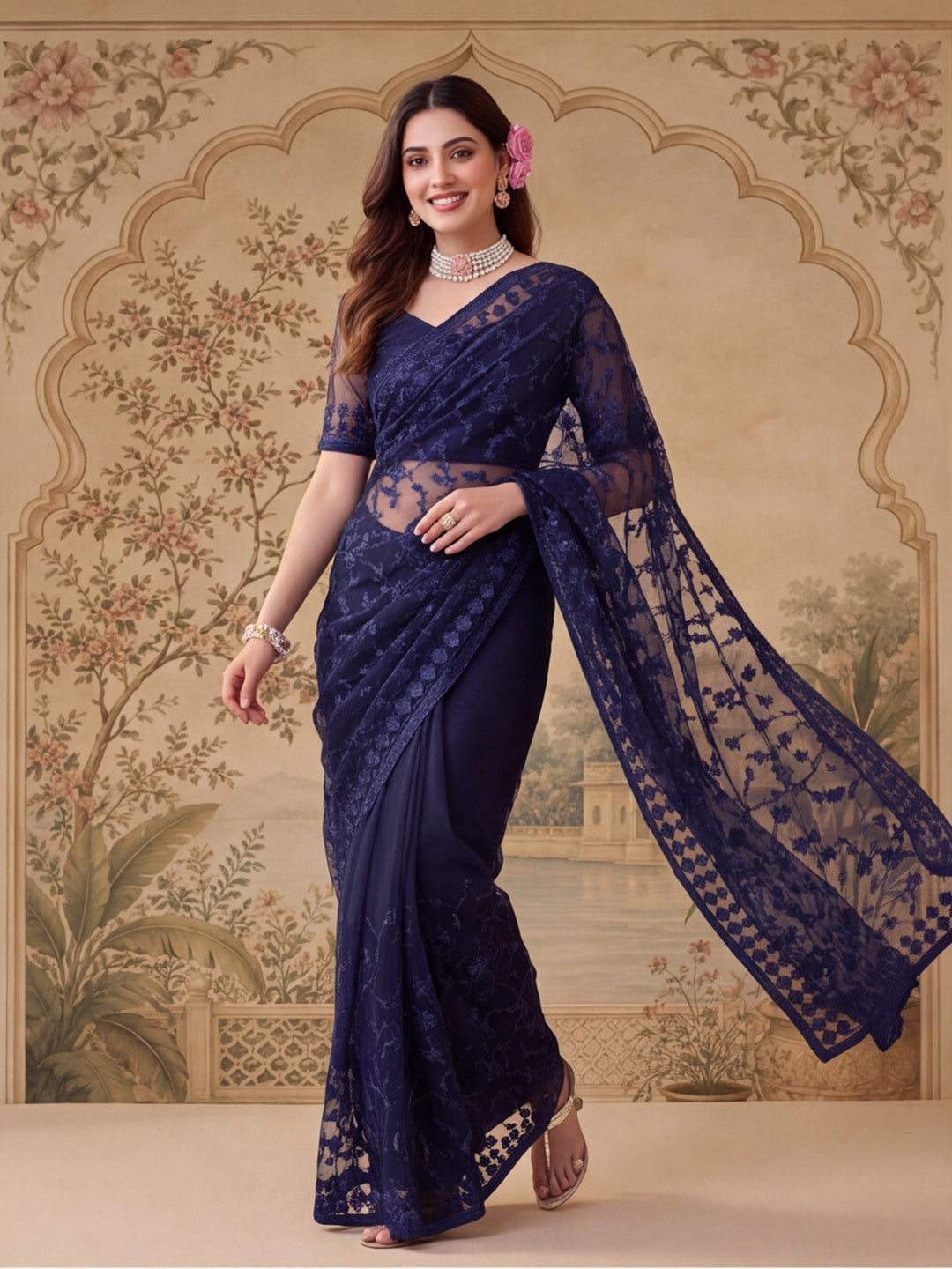 Navy Blue Embroidered Sheer Saree with Floral Motifs