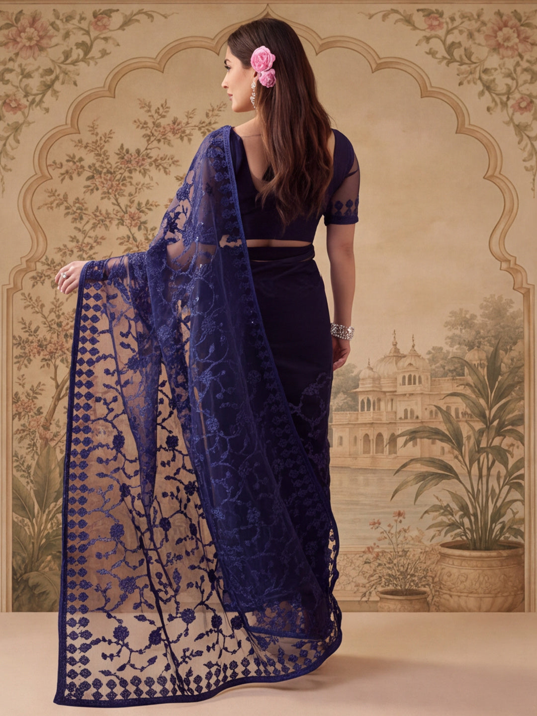 Navy Blue Embroidered Sheer Saree with Floral Motifs