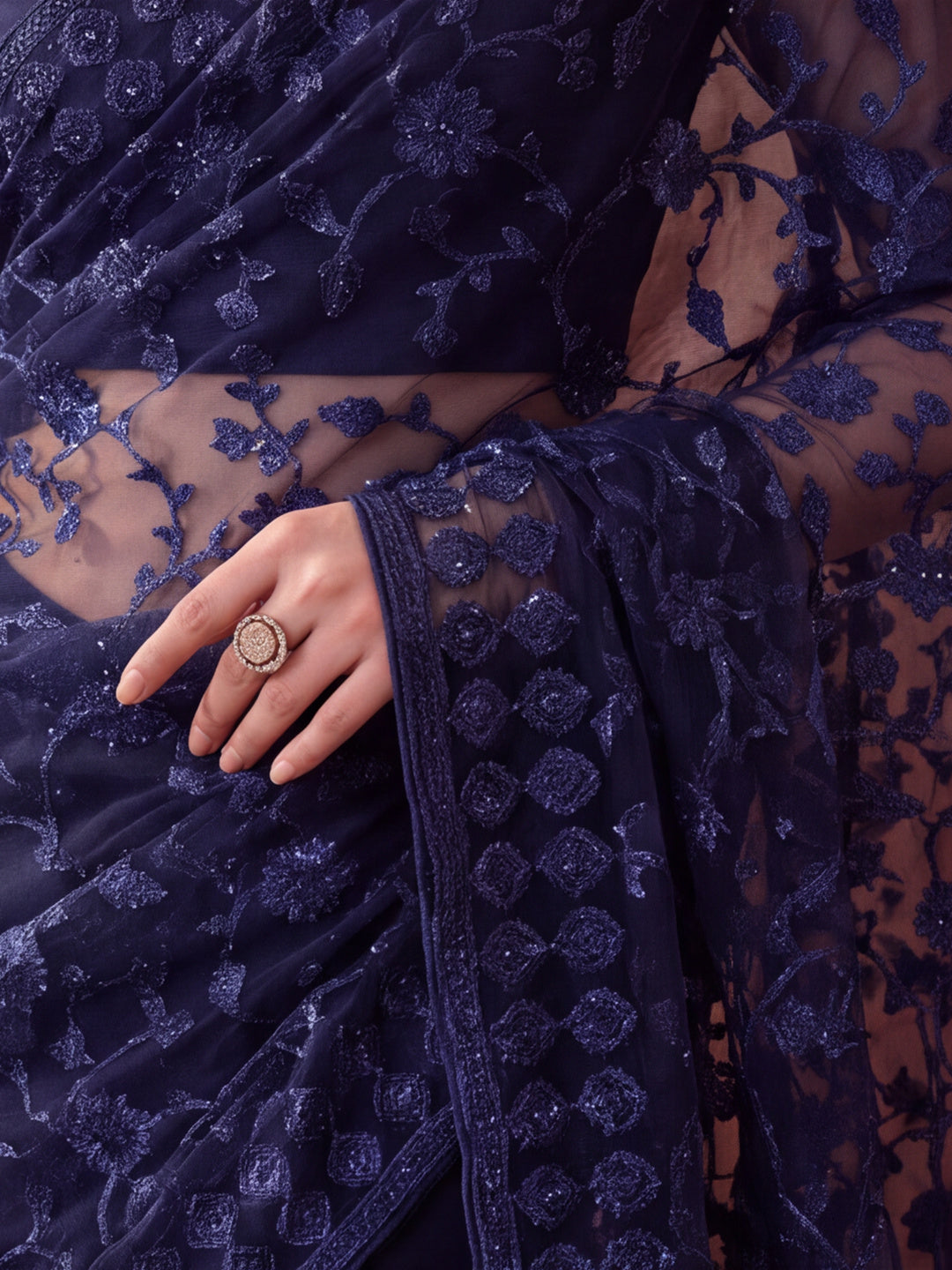 Navy Blue Embroidered Sheer Saree with Floral Motifs