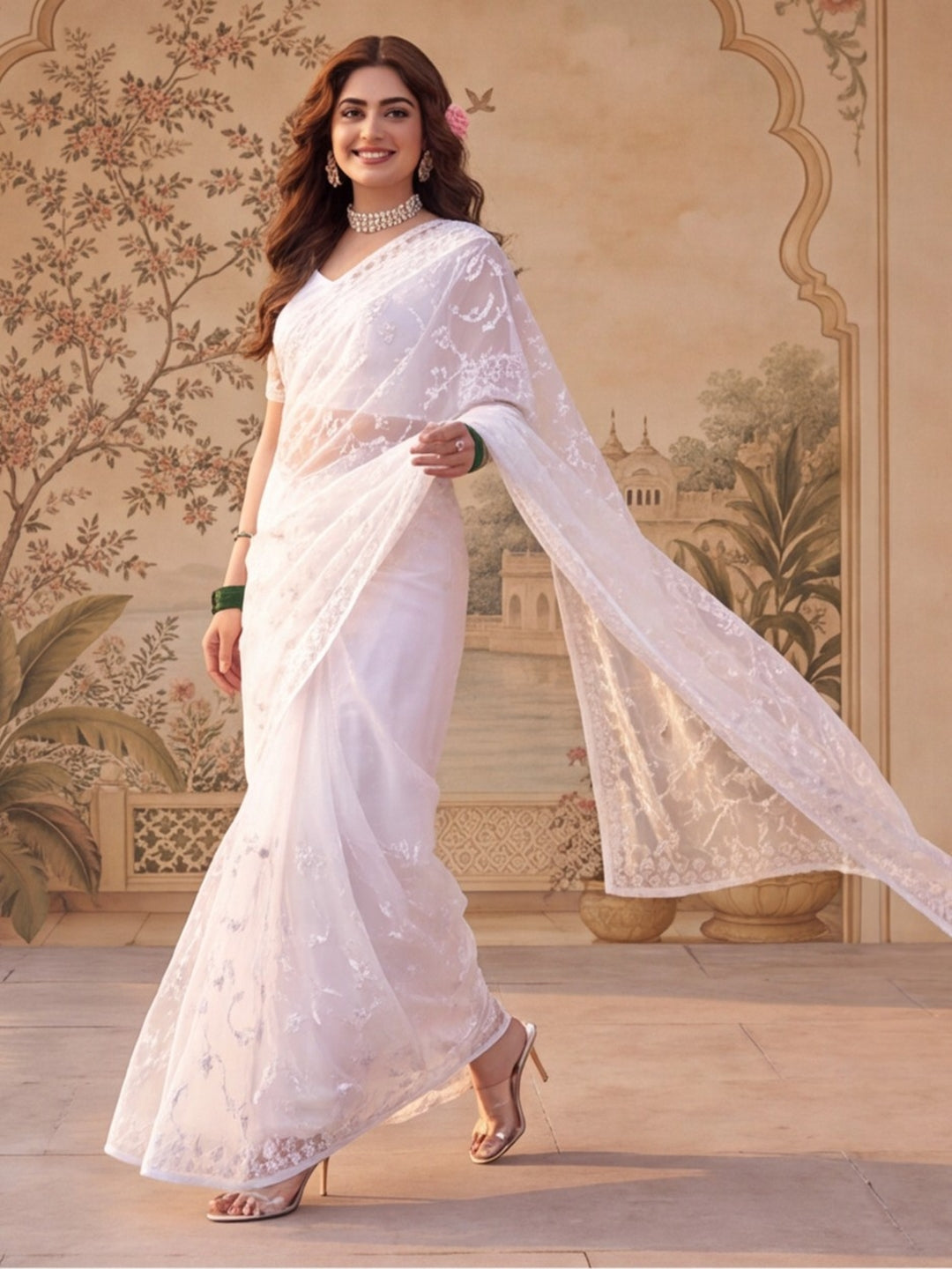 White Blue Embroidered Sheer Saree with Floral Motifs