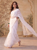 White Blue Embroidered Sheer Saree with Floral Motifs