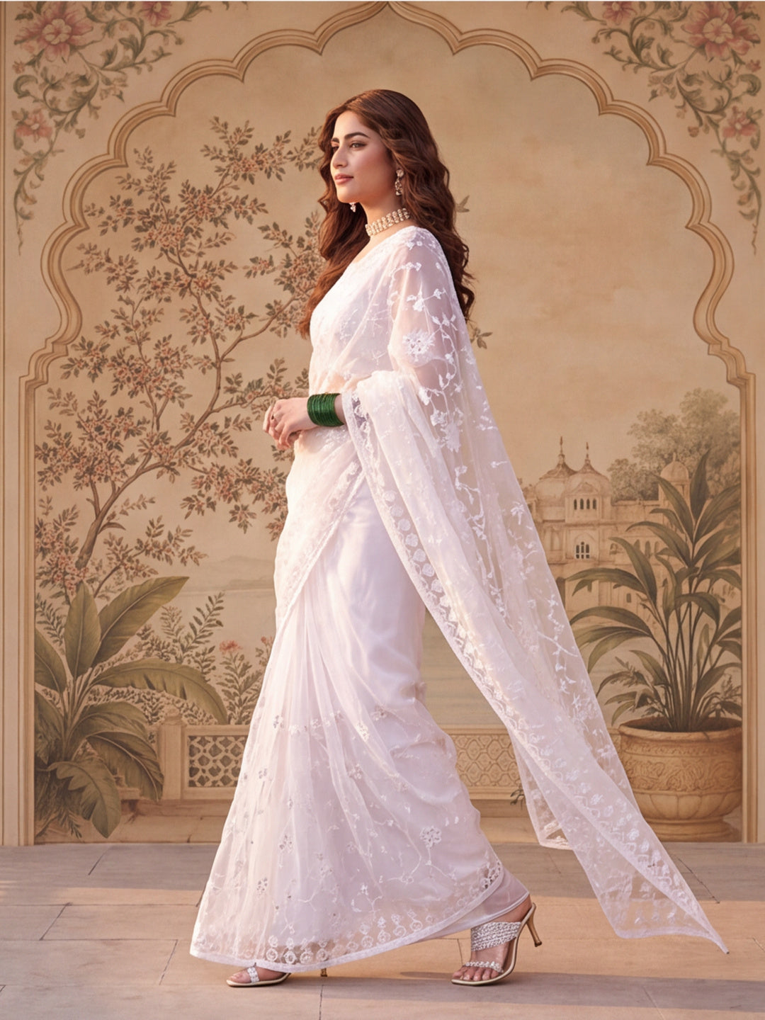 White Blue Embroidered Sheer Saree with Floral Motifs