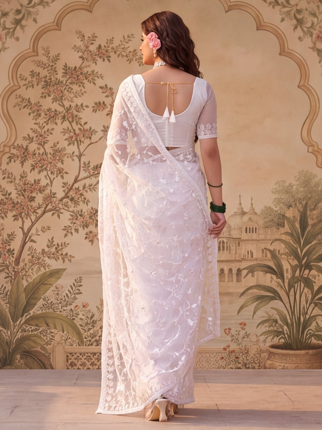 White Blue Embroidered Sheer Saree with Floral Motifs