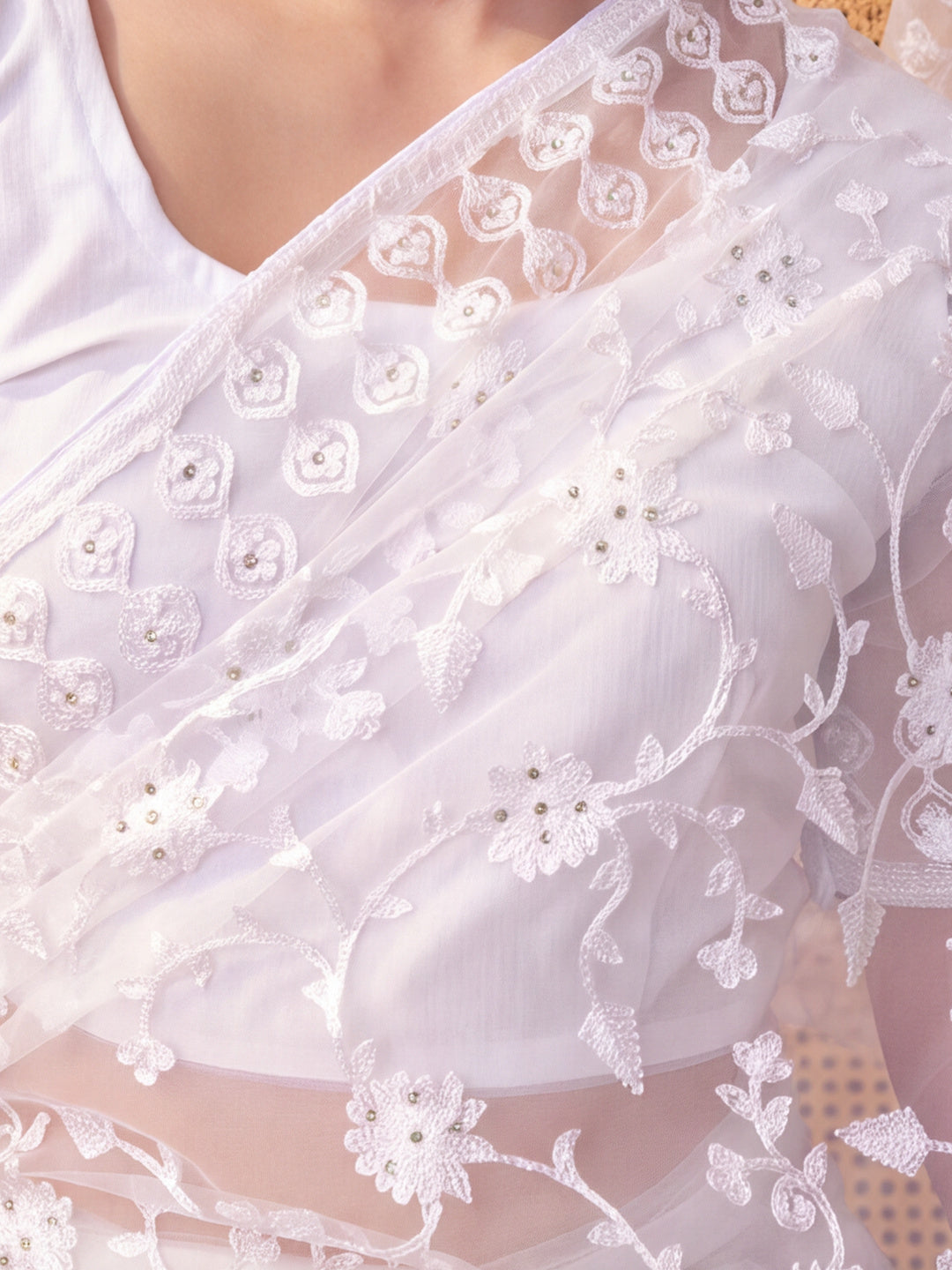 White Blue Embroidered Sheer Saree with Floral Motifs