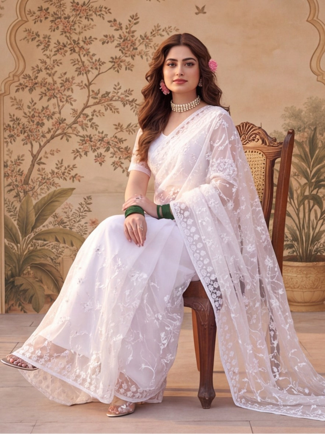 White Blue Embroidered Sheer Saree with Floral Motifs