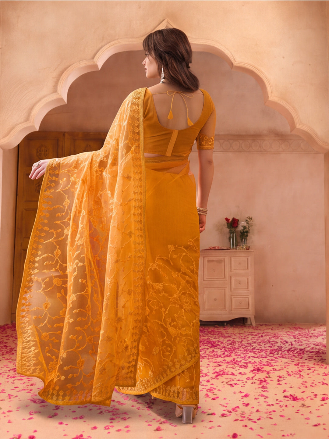 Mustard Blue Embroidered Sheer Saree with Floral Motifs
