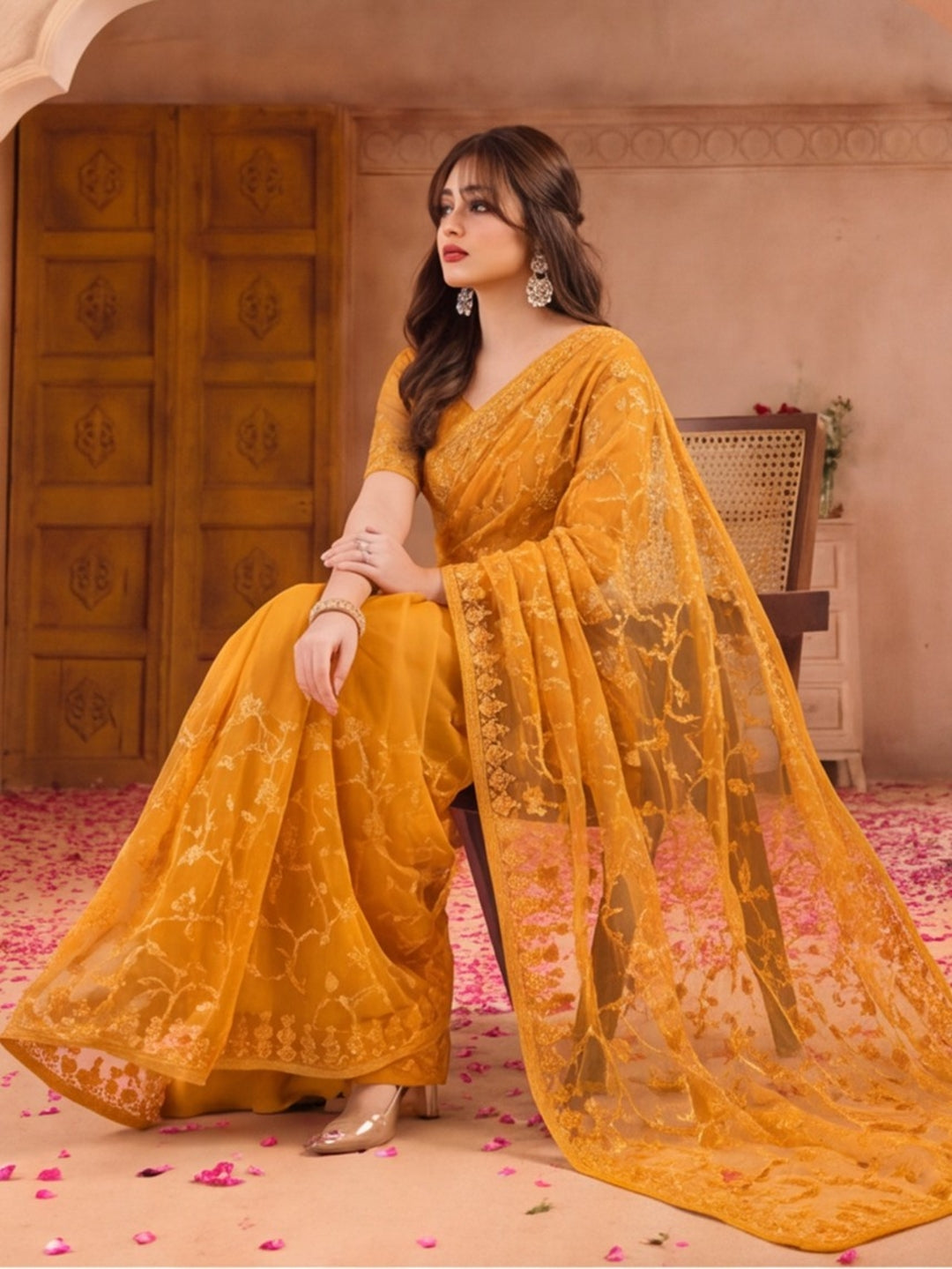 Mustard Blue Embroidered Sheer Saree with Floral Motifs