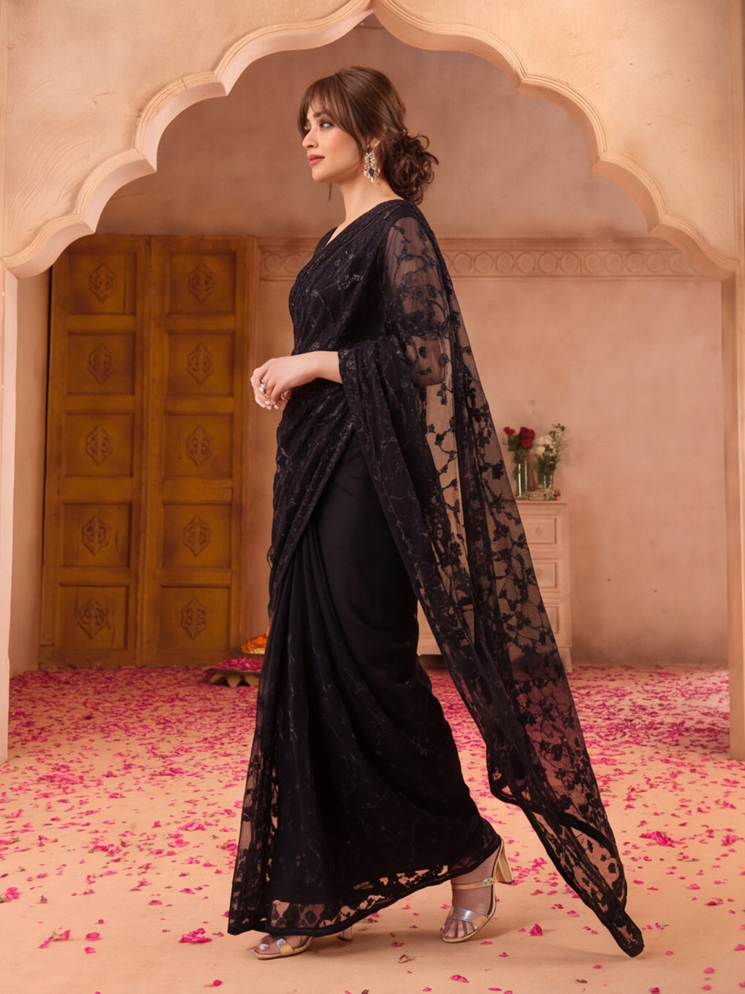 Black Blue Embroidered Sheer Saree with Floral Motifs
