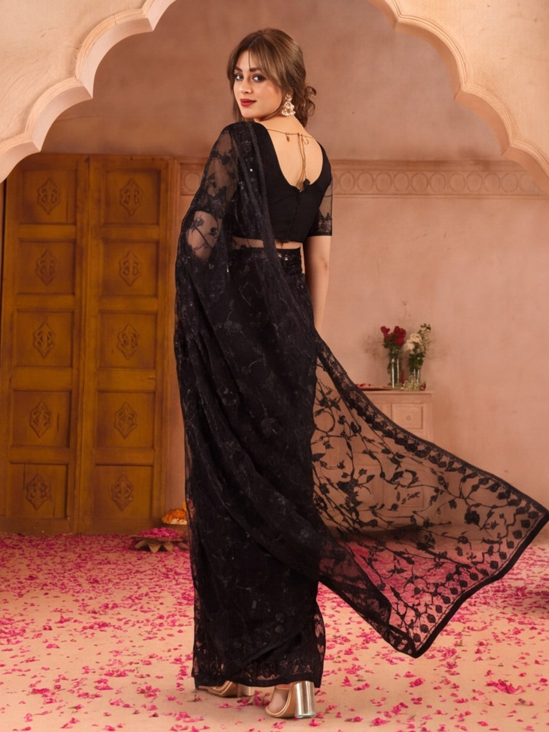 Black Blue Embroidered Sheer Saree with Floral Motifs
