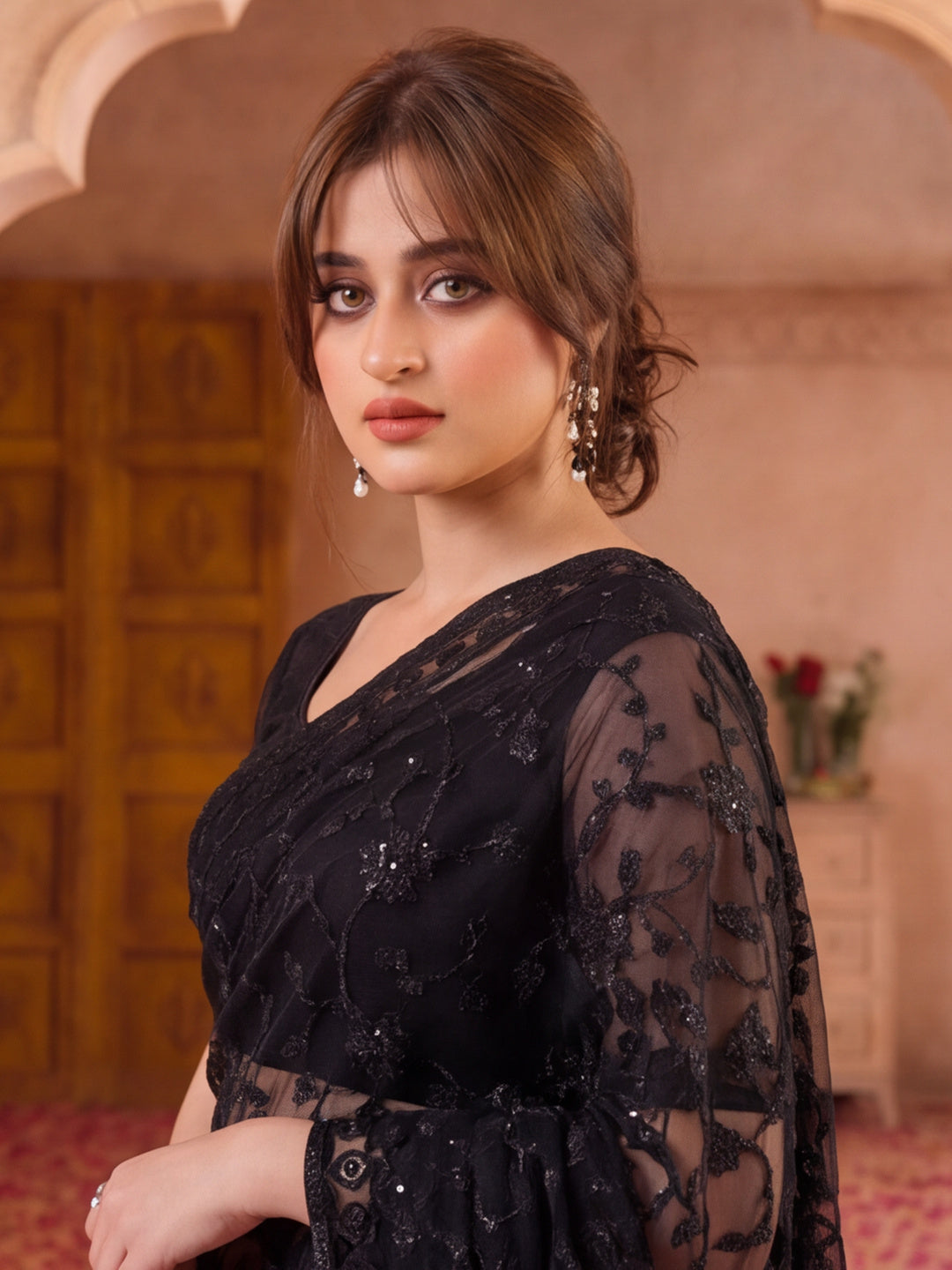 Black Blue Embroidered Sheer Saree with Floral Motifs