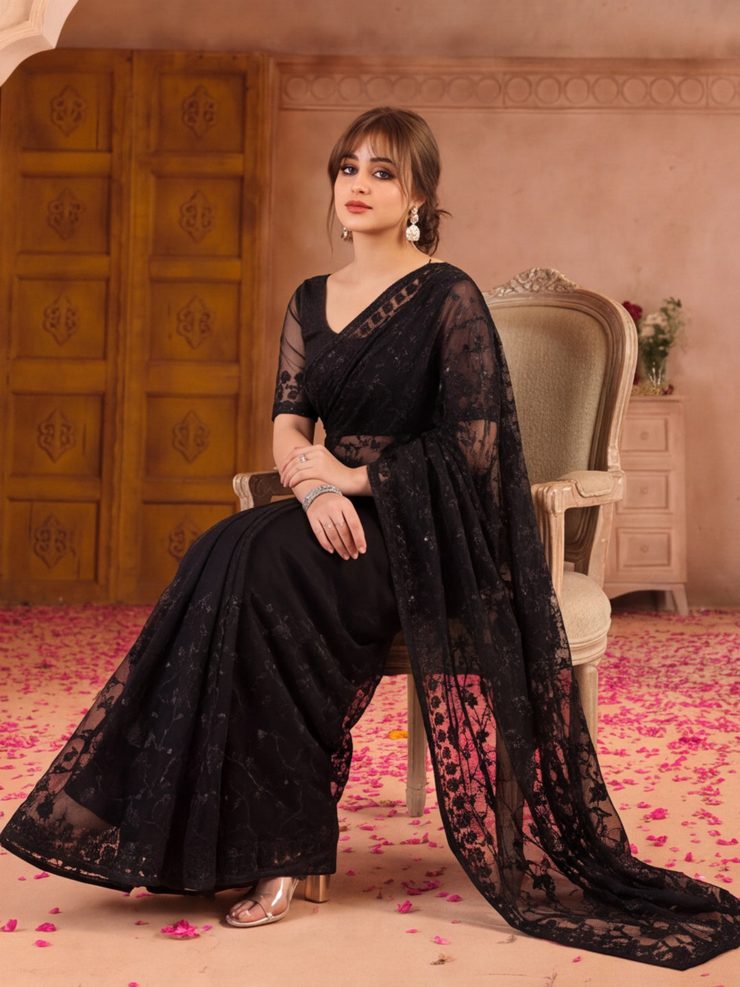 Black Blue Embroidered Sheer Saree with Floral Motifs