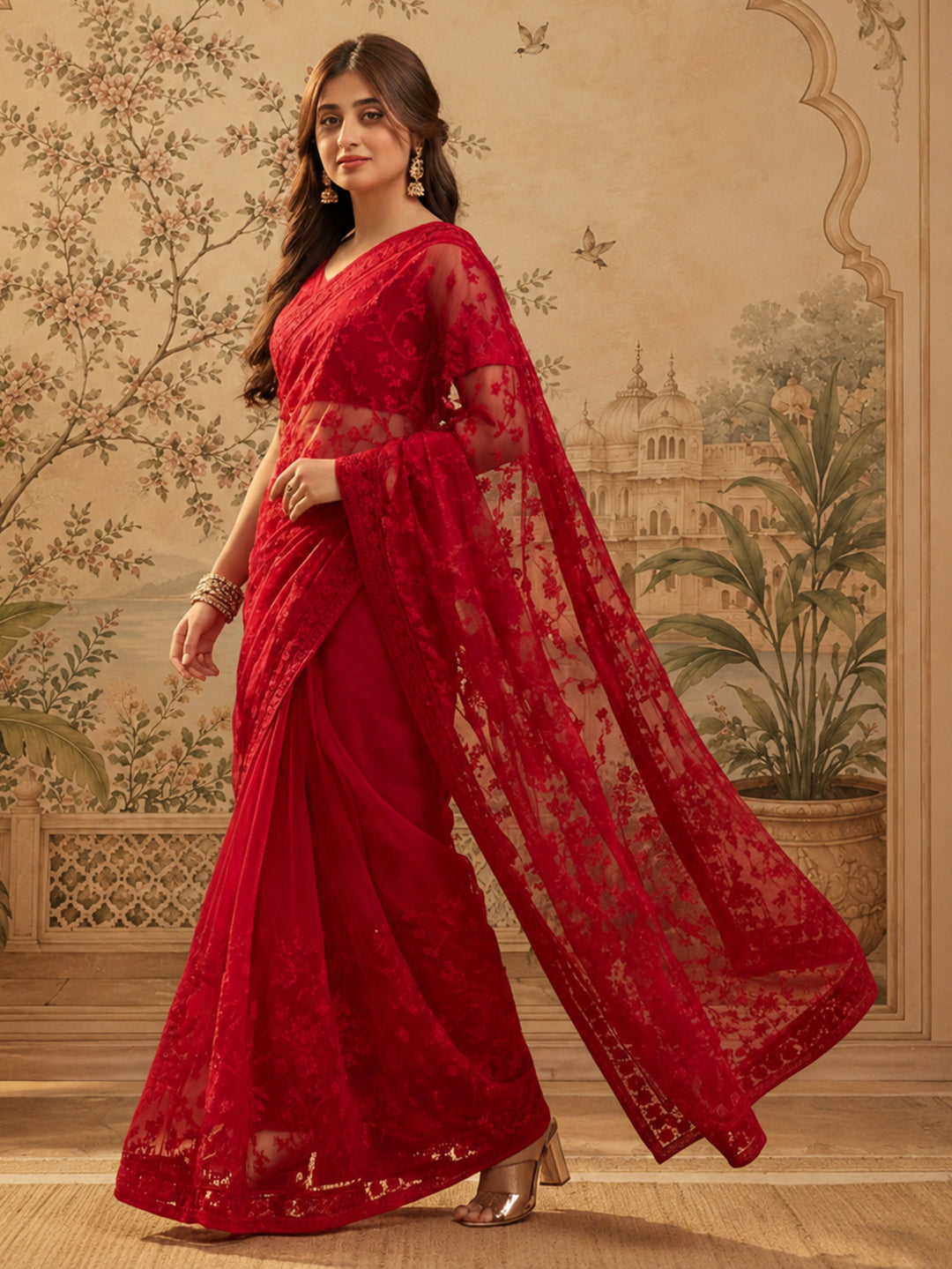 Red Embroidered Sheer Saree with Floral Motifs