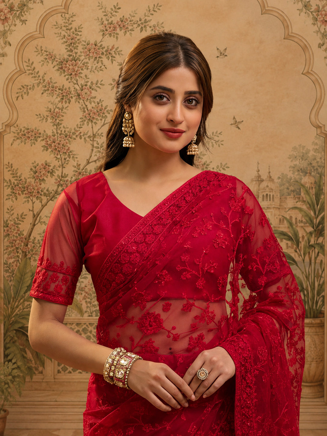 Red Embroidered Sheer Saree with Floral Motifs