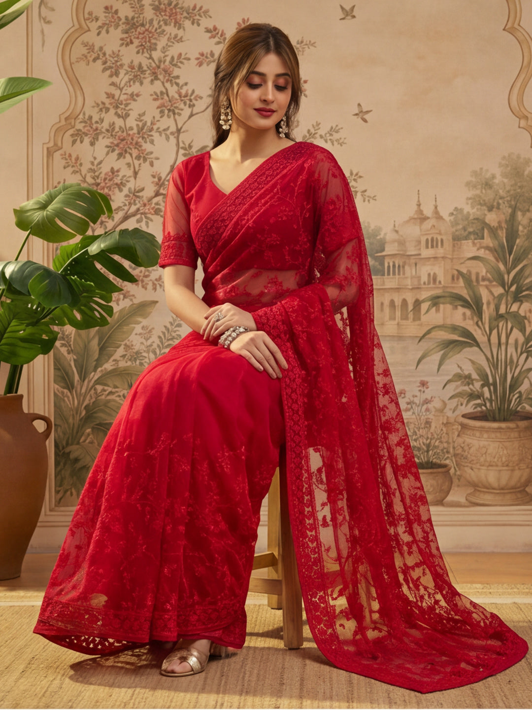 Red Embroidered Sheer Saree with Floral Motifs