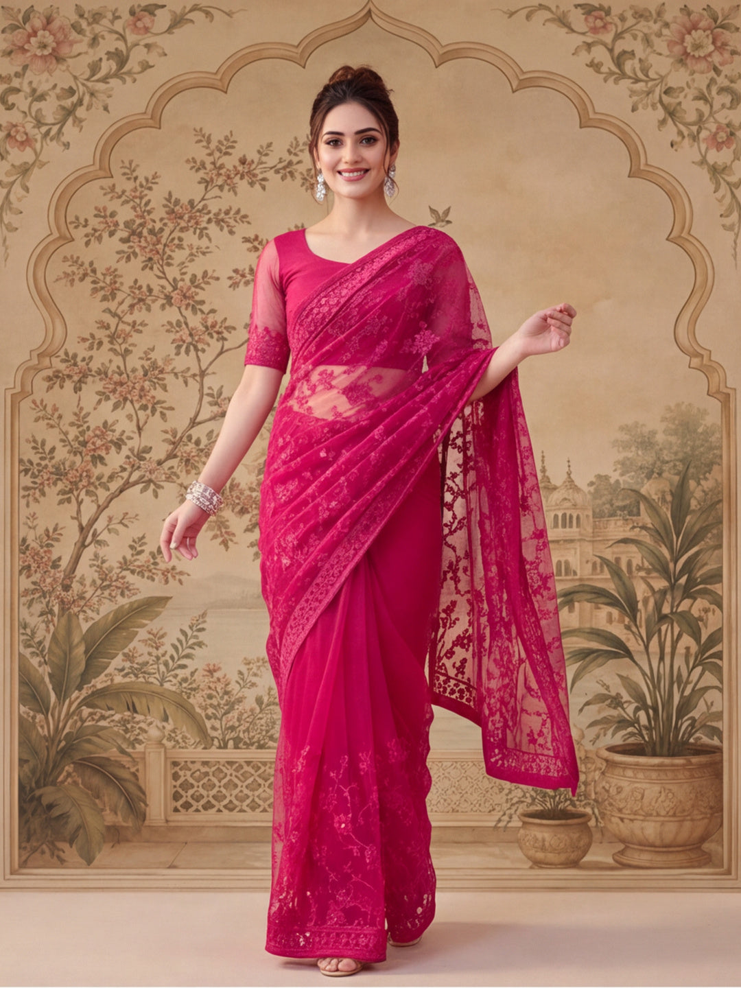 Pink Embroidered Sheer Saree with Floral Motifs