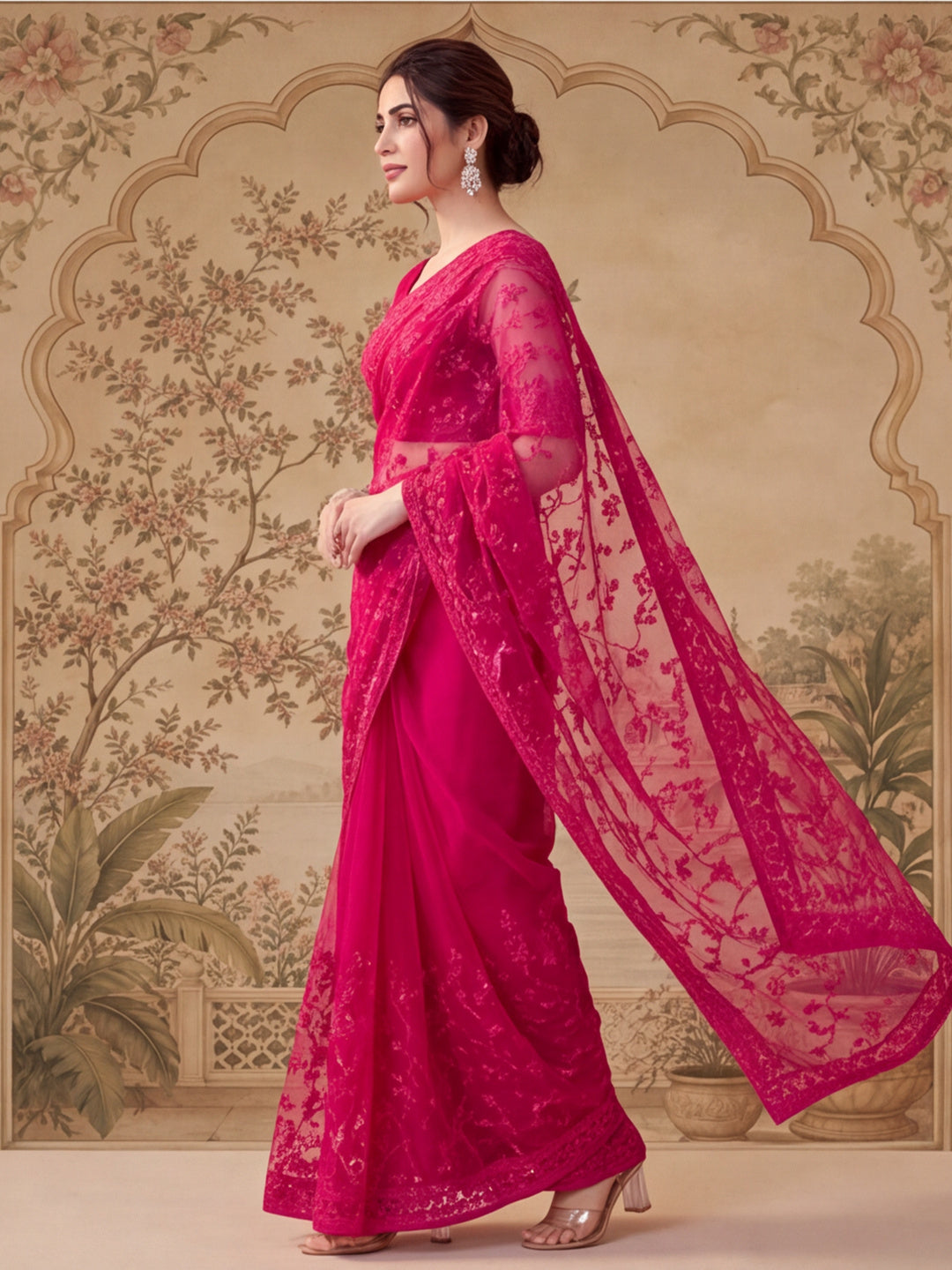 Pink Embroidered Sheer Saree with Floral Motifs