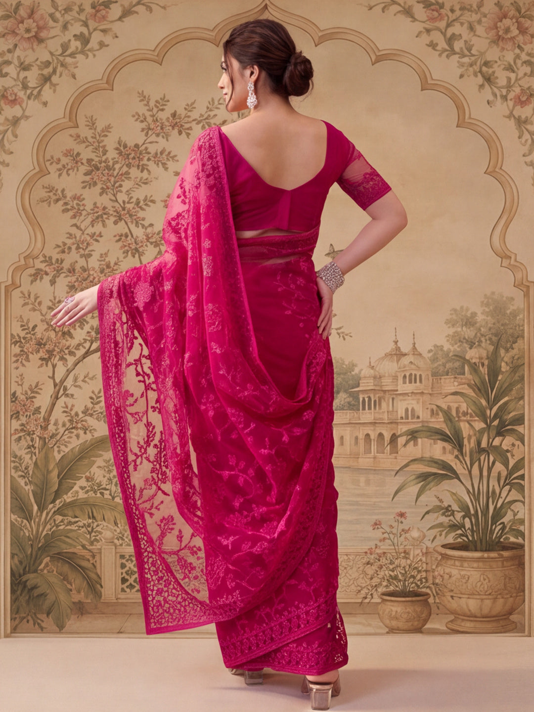 Pink Embroidered Sheer Saree with Floral Motifs