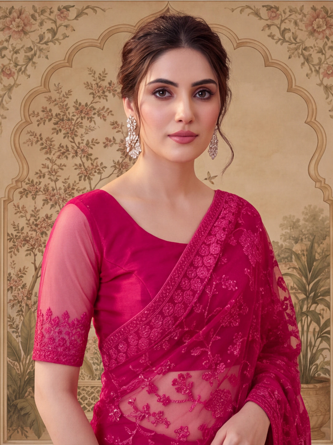 Pink Embroidered Sheer Saree with Floral Motifs
