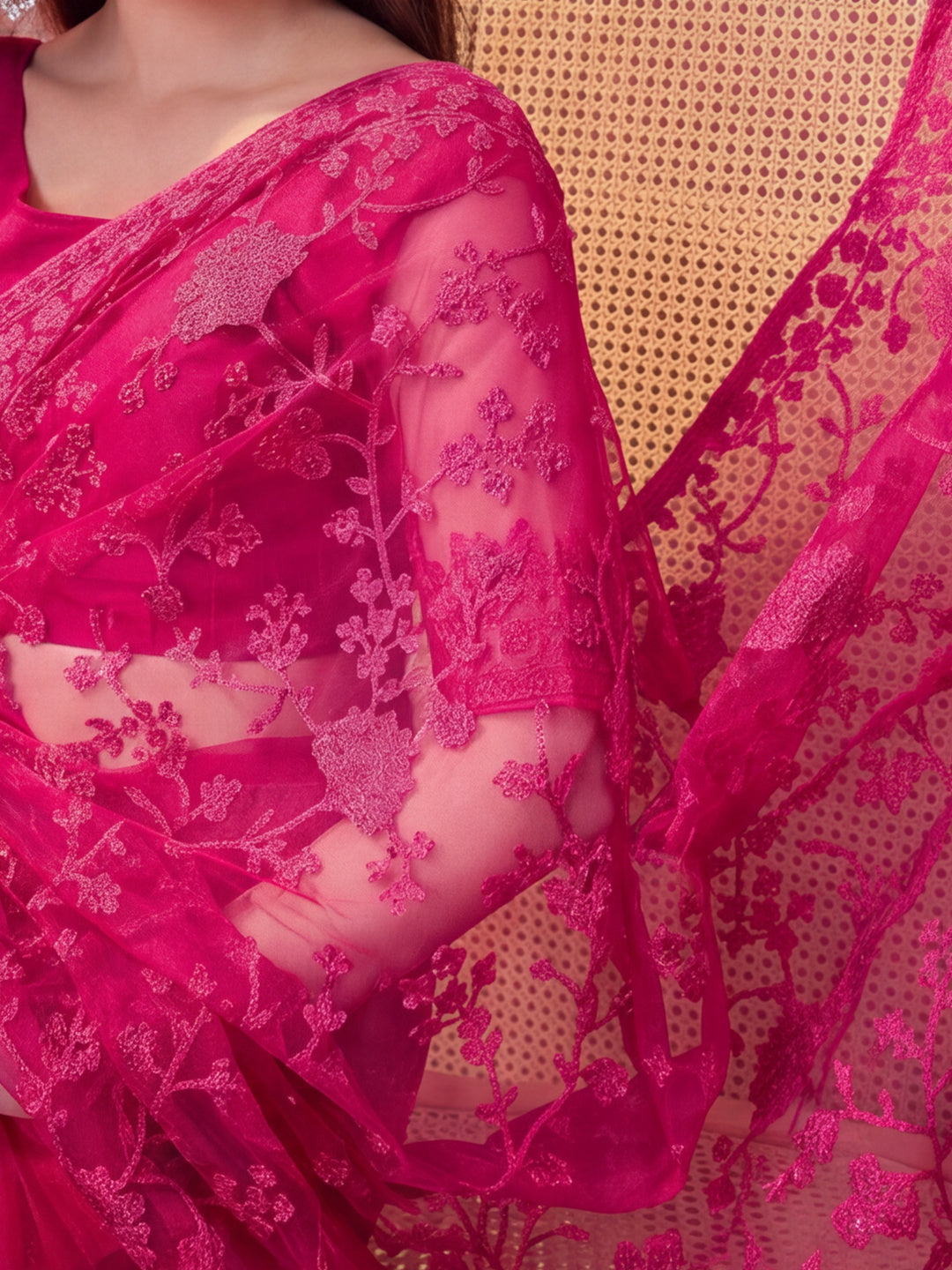 Pink Embroidered Sheer Saree with Floral Motifs