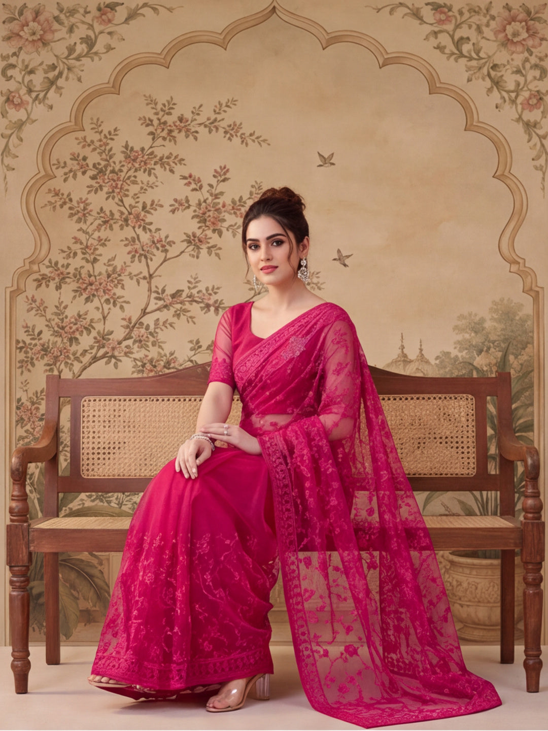 Pink Embroidered Sheer Saree with Floral Motifs