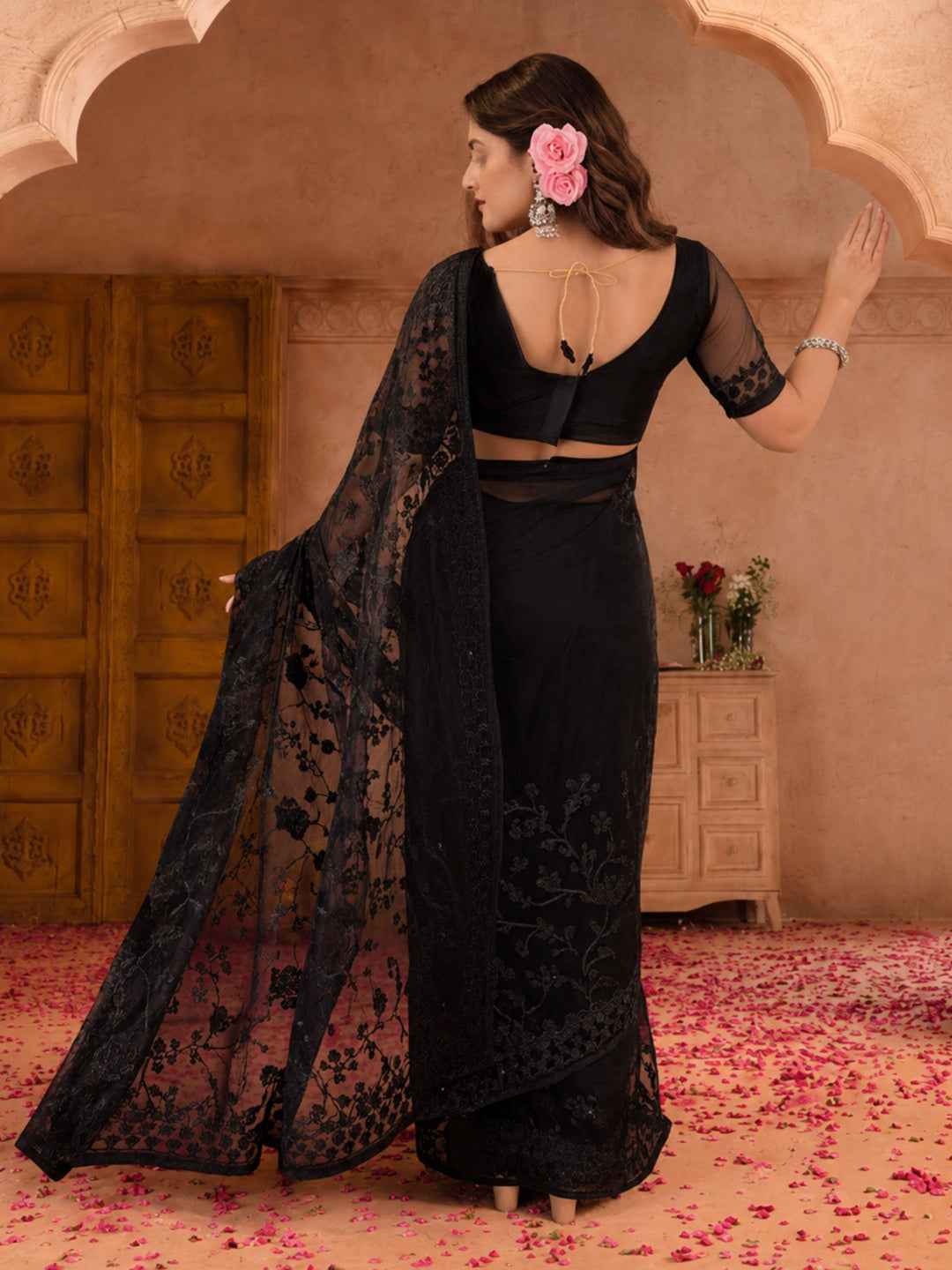 Black Embroidered Sheer Saree with Floral Motifs