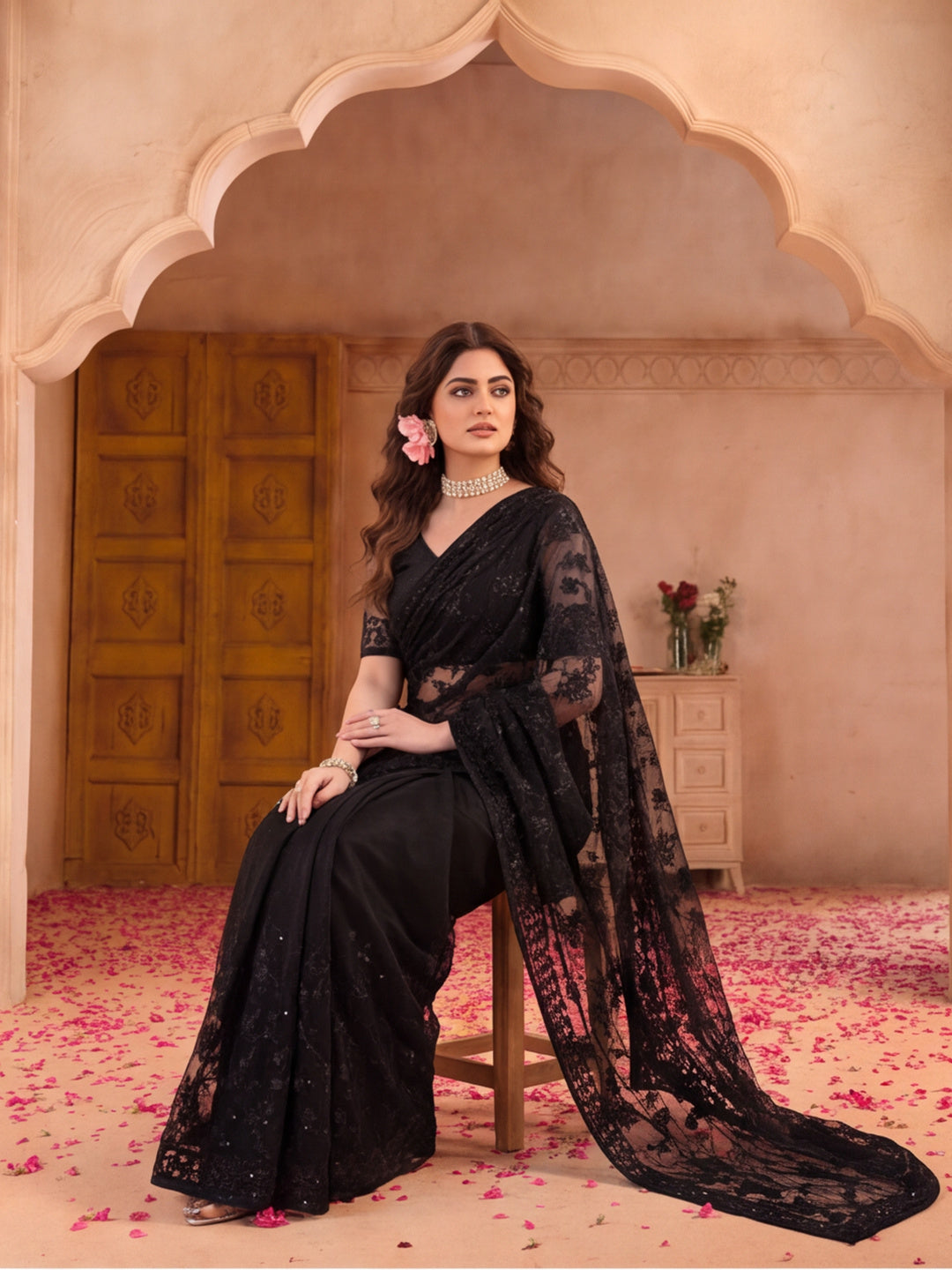 Black Embroidered Sheer Saree with Floral Motifs