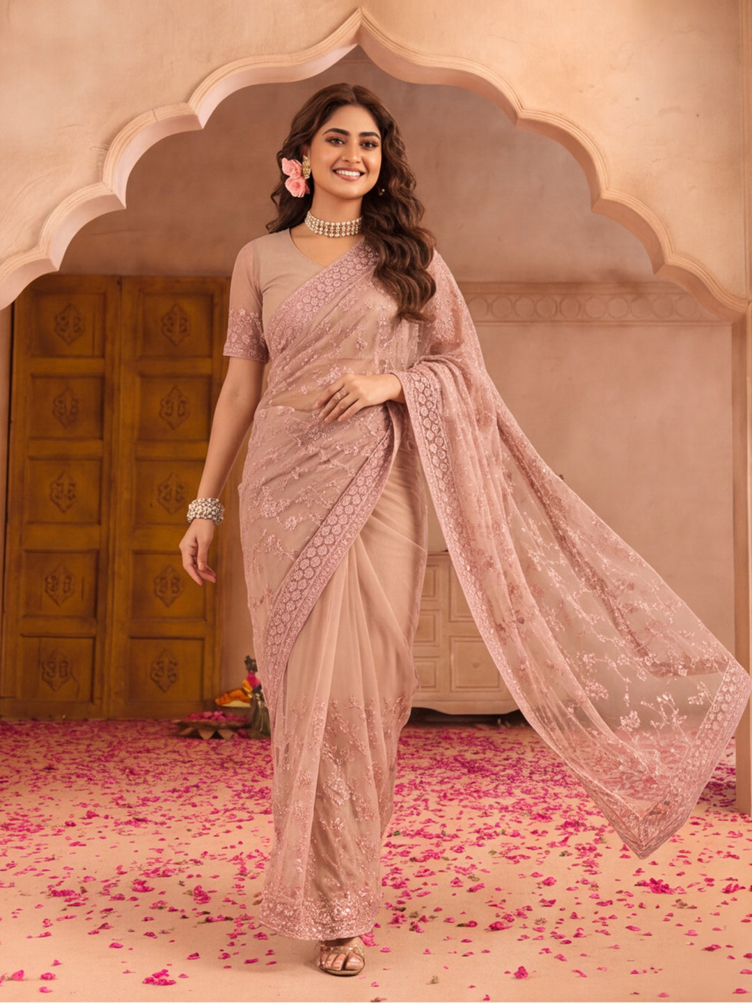 Blush Pink Embroidered Sheer Saree with Floral Motifs