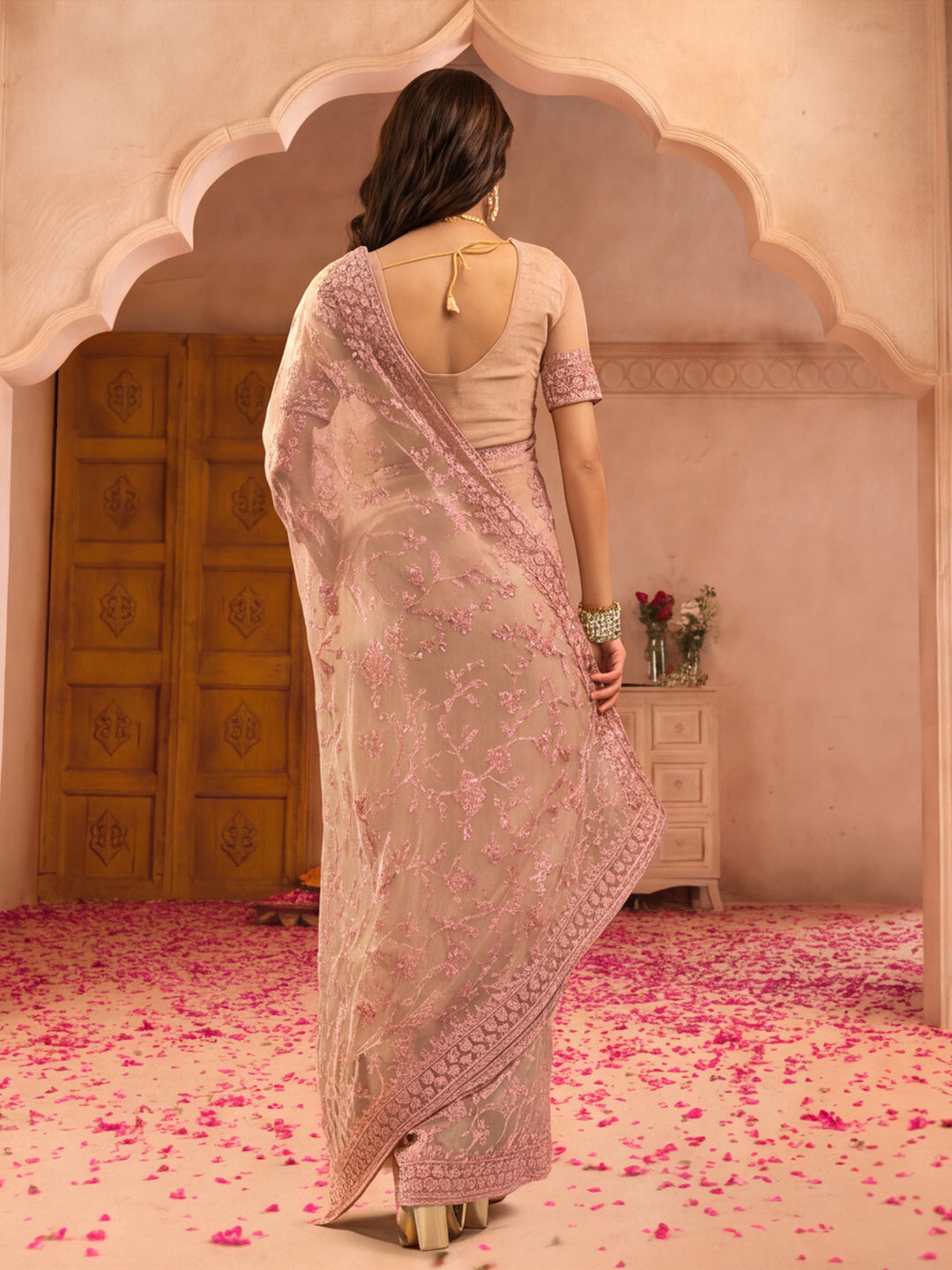 Blush Pink Embroidered Sheer Saree with Floral Motifs
