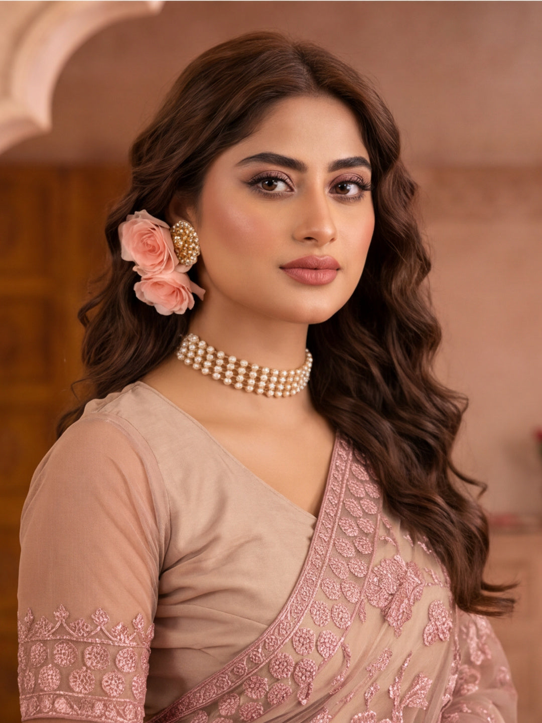 Blush Pink Embroidered Sheer Saree with Floral Motifs