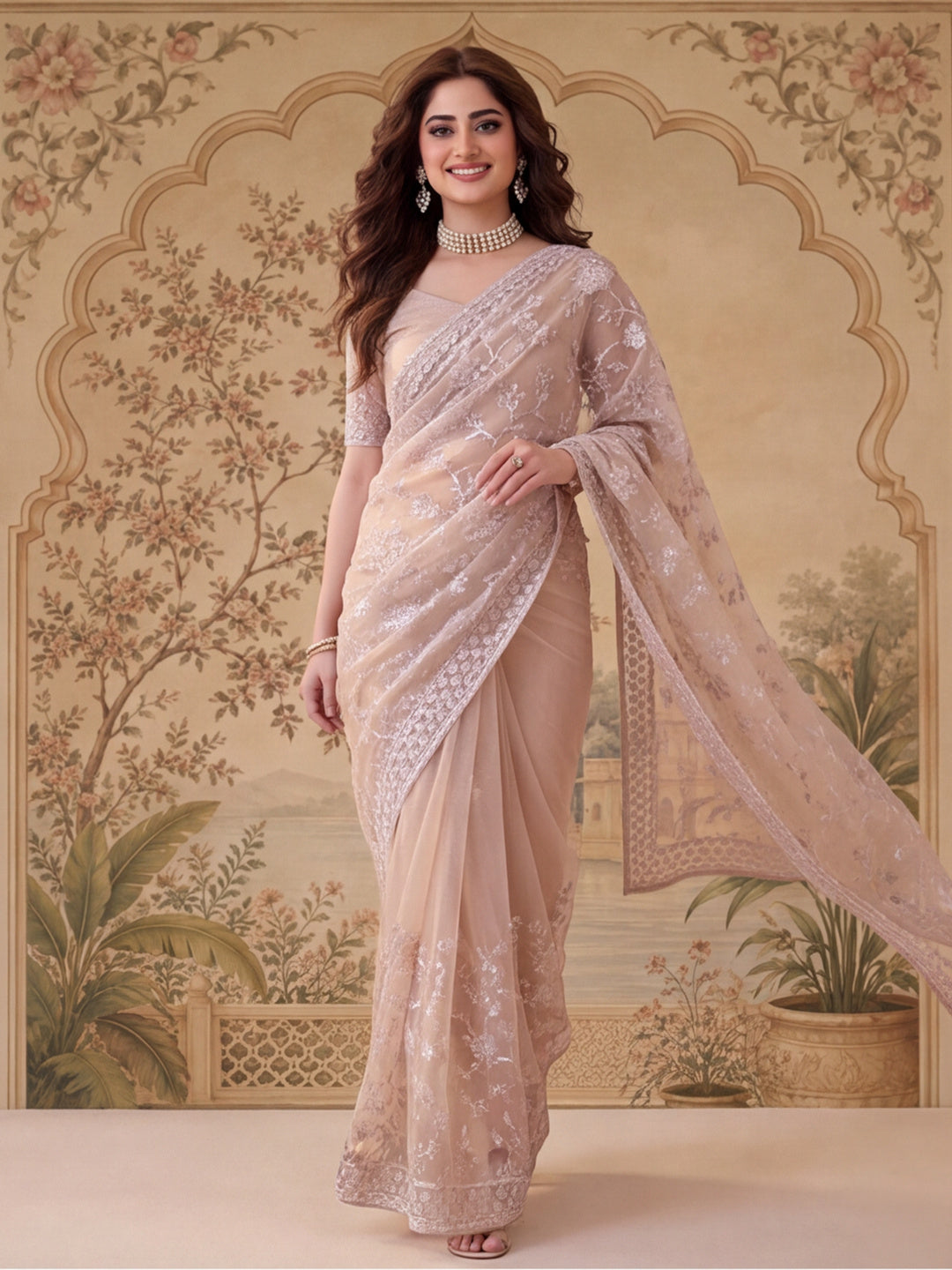 Cement Beige Embroidered Sheer Saree with Floral Motifs