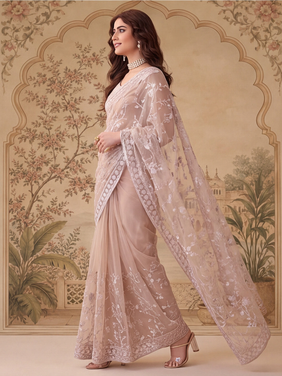 Cement Beige Embroidered Sheer Saree with Floral Motifs