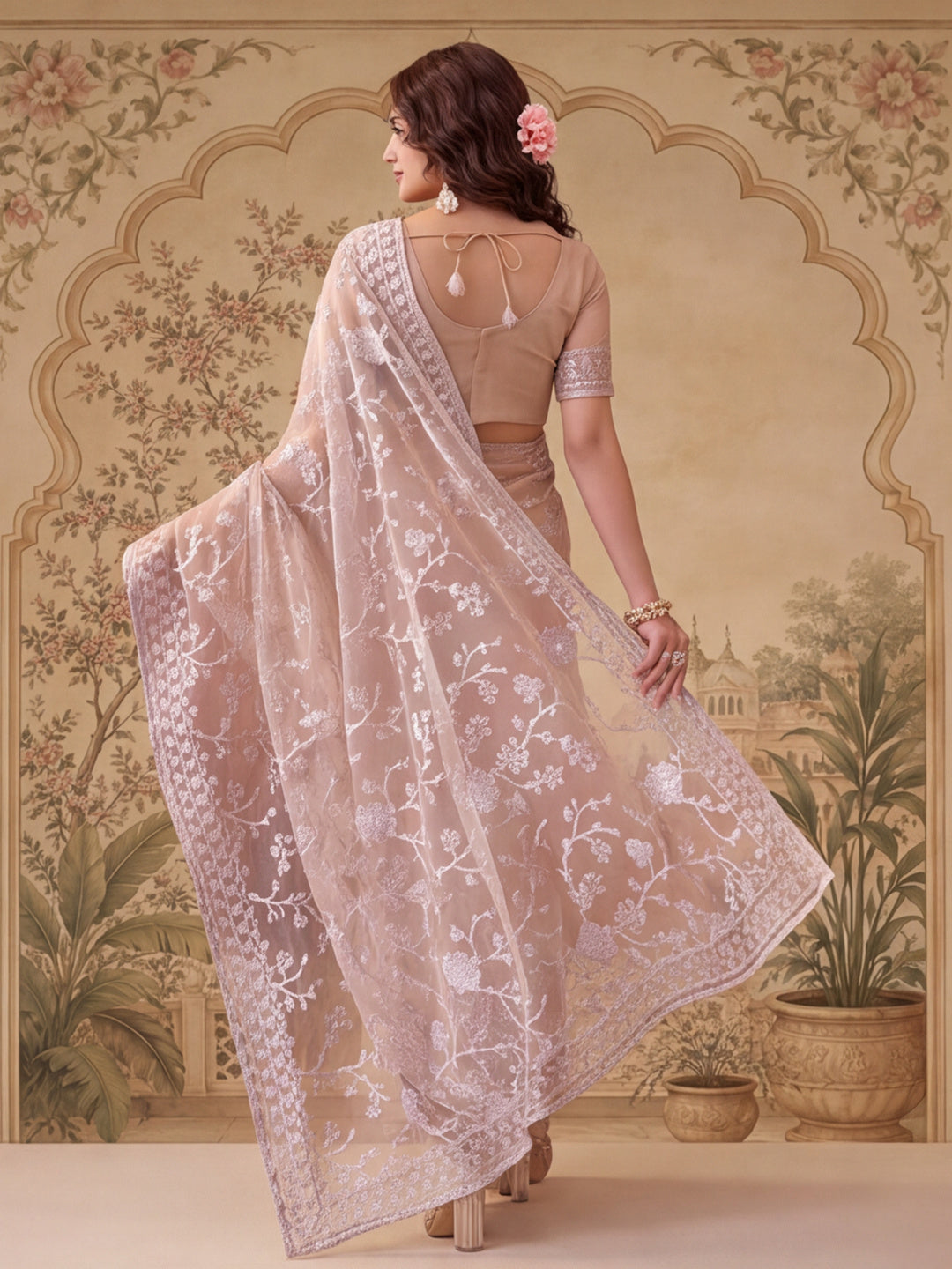 Cement Beige Embroidered Sheer Saree with Floral Motifs