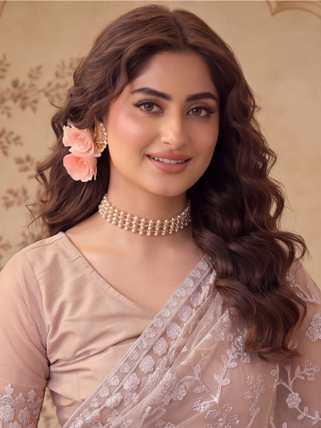 Cement Beige Embroidered Sheer Saree with Floral Motifs