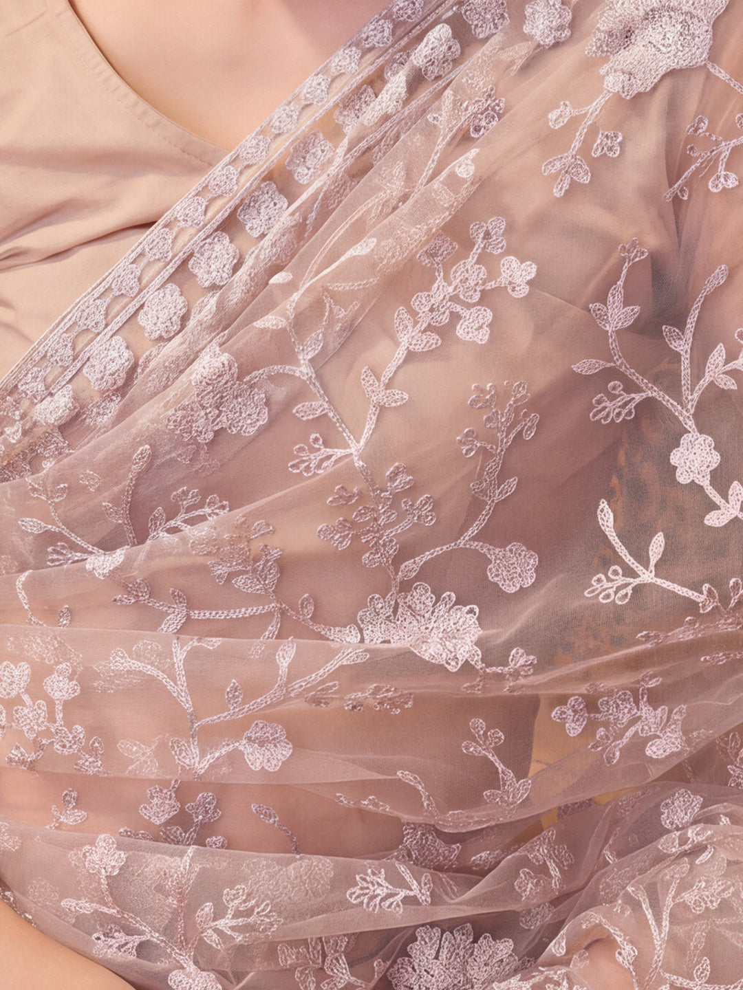 Cement Beige Embroidered Sheer Saree with Floral Motifs
