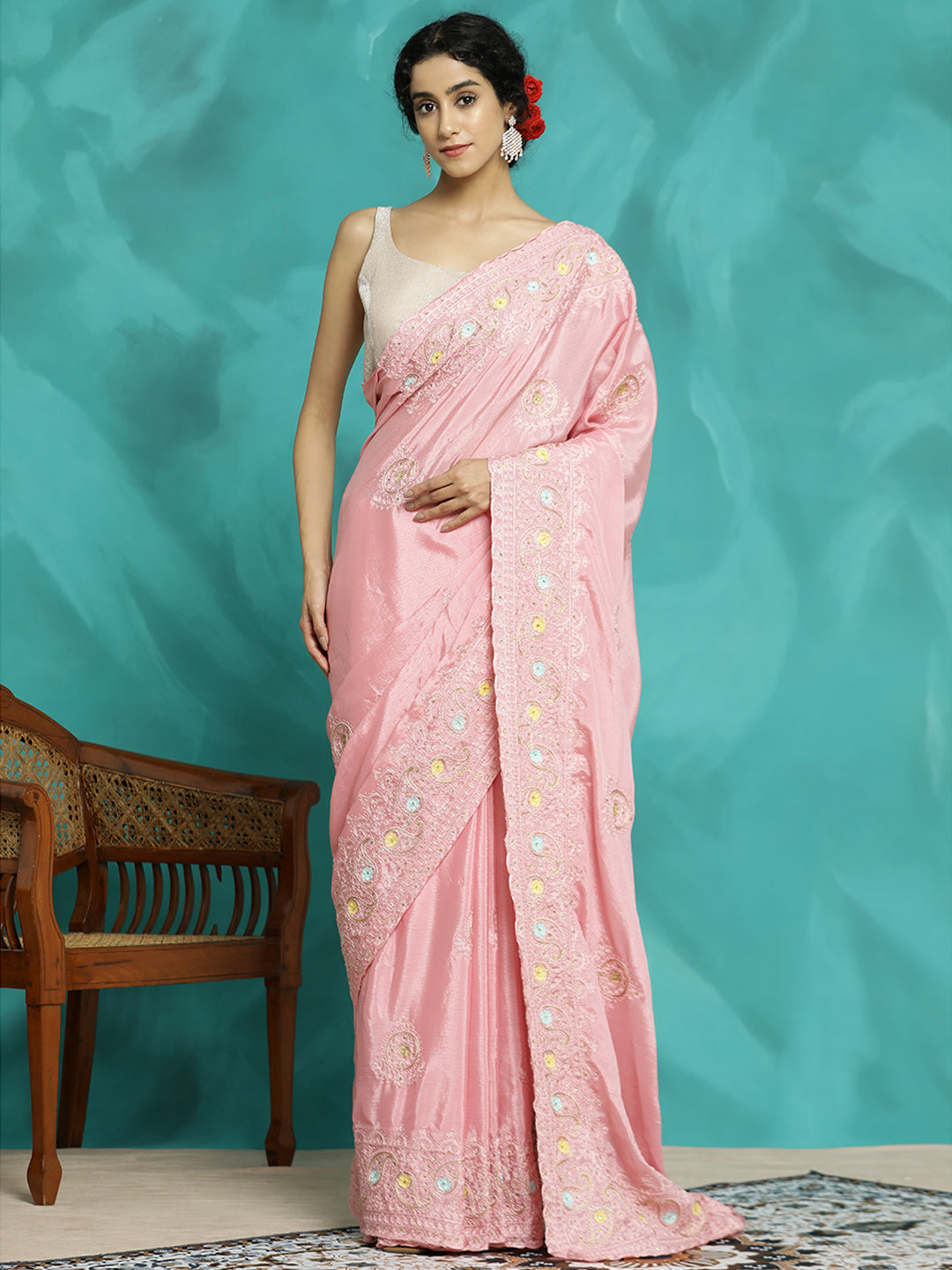 Silk Blend Embroidered Party Wear Saree