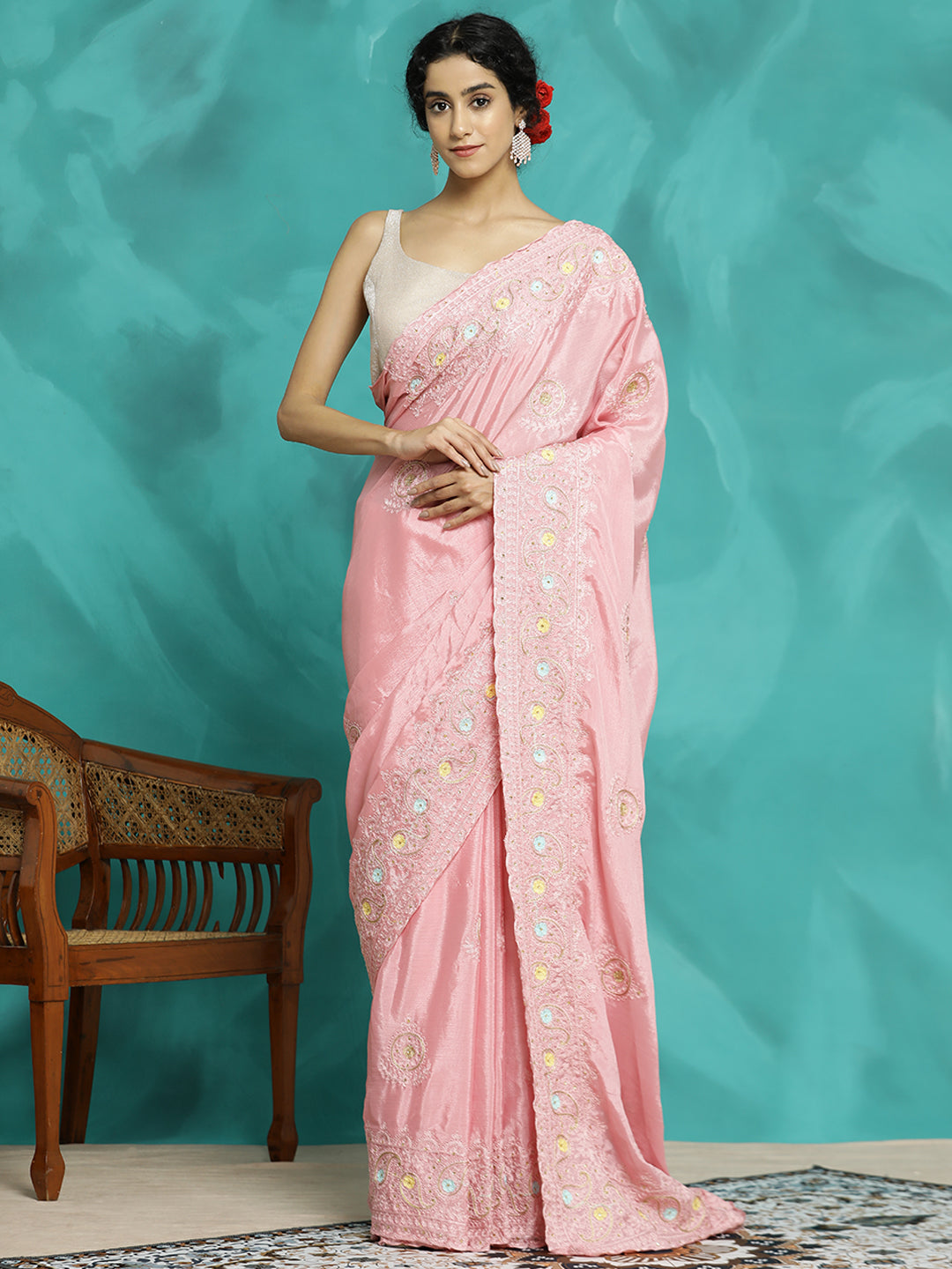 Silk Blend Embroidered Party Wear Saree