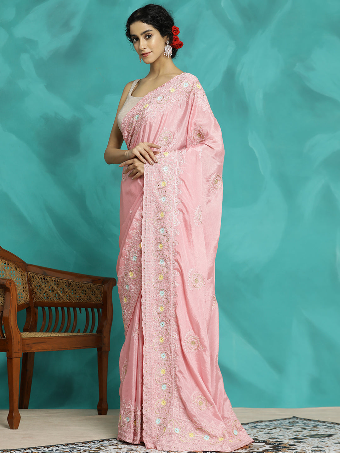 Silk Blend Embroidered Party Wear Saree